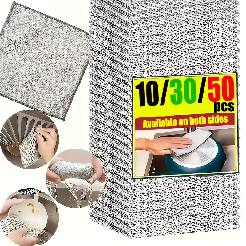 50/30/10pcs Microfiber Metal Wire Cloth, Silvery Grey, Double-sided Reusable, Fade Resistant, Weather Resistant, Shrink Resistant, for Tableware, Cooking Utensils, Kitchen and Bathroom Sinks, Commercial Cleaning